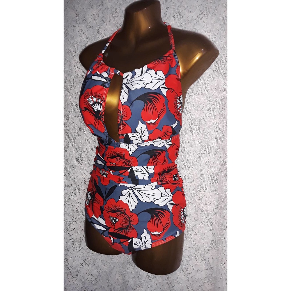 NWOT Swimsuit Sz L One Piece Bright  Floral Halter Swimsuit